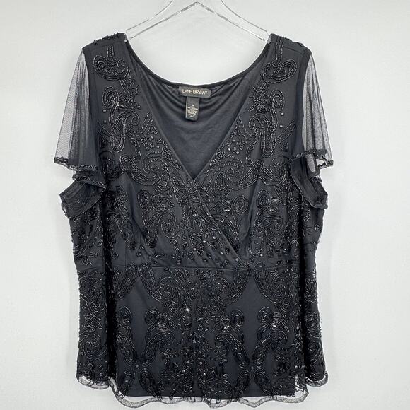 Lane Bryant blouse 28 beaded evening cocktail sheer flutter sleeve faux wrap - Picture 9 of 9